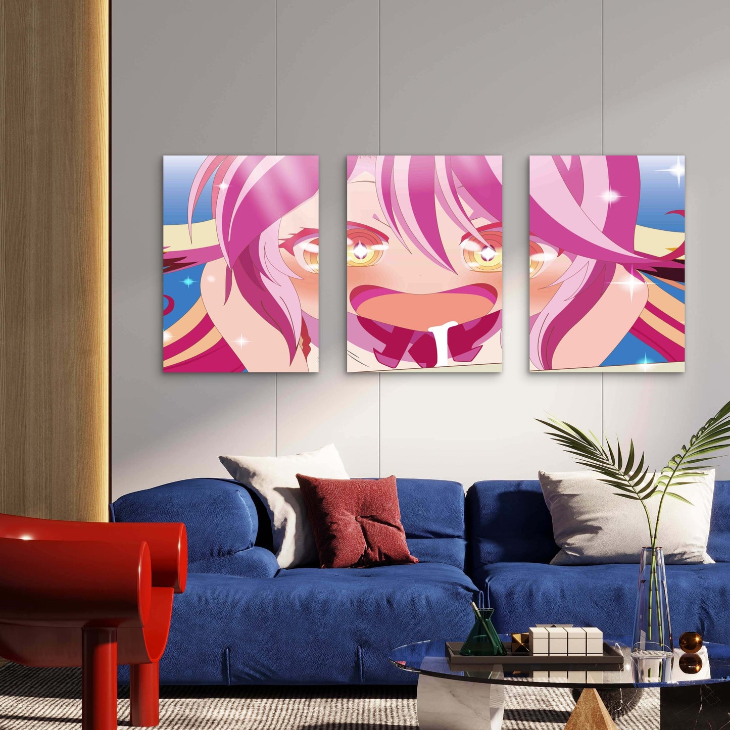 3pcs Anime Girl Pink Hair Sparkle Eyes Close Up Metal Print Ready to Hang Art
