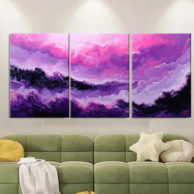 3pcs California Coast Seamless Abstract Purple Wall Art Set Canvas Framed 60x90cm - High Quality Print 100% Australian Made Wall Canvas Ready to Hang - Bella Home Decor