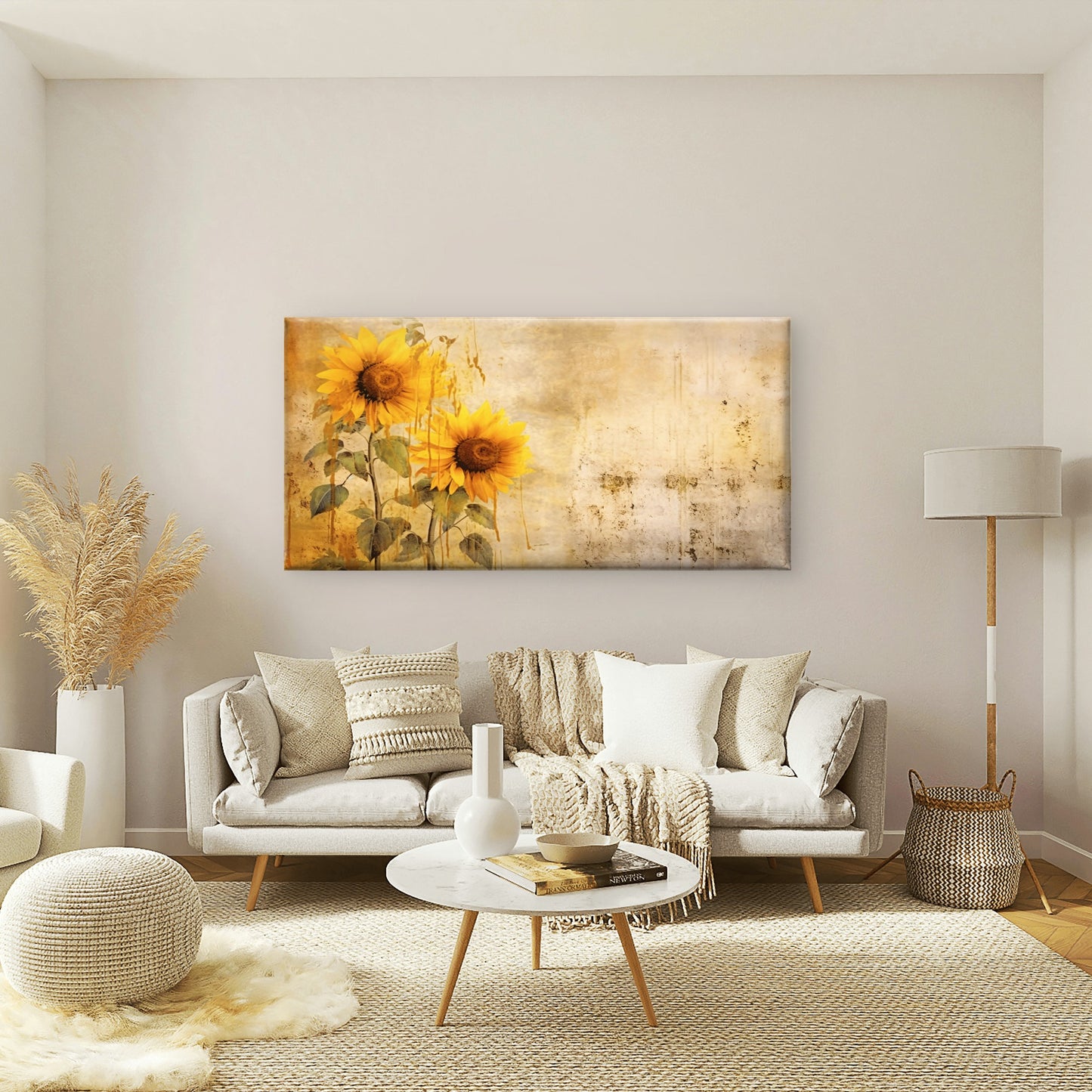 Vintage Sunflower Textured Paint Wall Art Canvas Office Home Framed 120x60cm