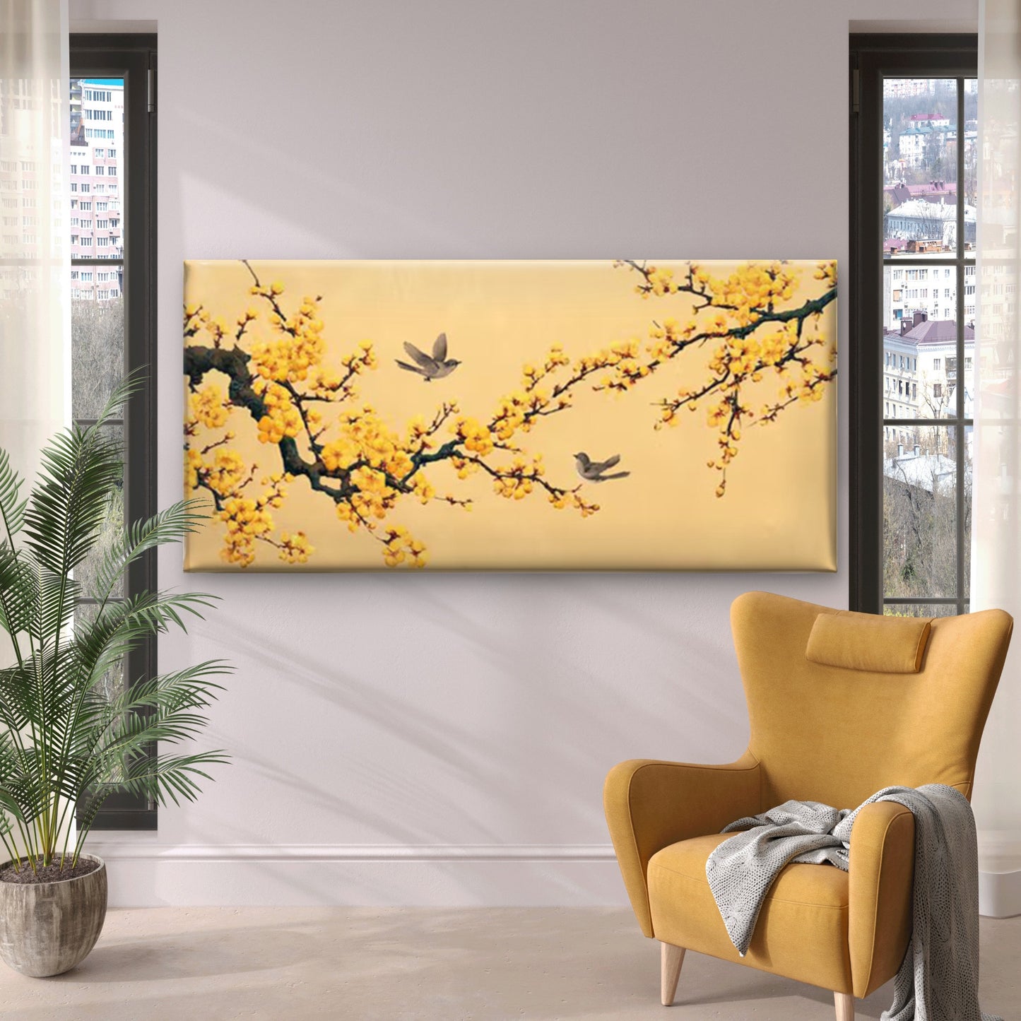Yellow Plum Blossom & Flying Birds Chinese Traditional Wall Art Canvas Office Home Room Framed 120x60cm