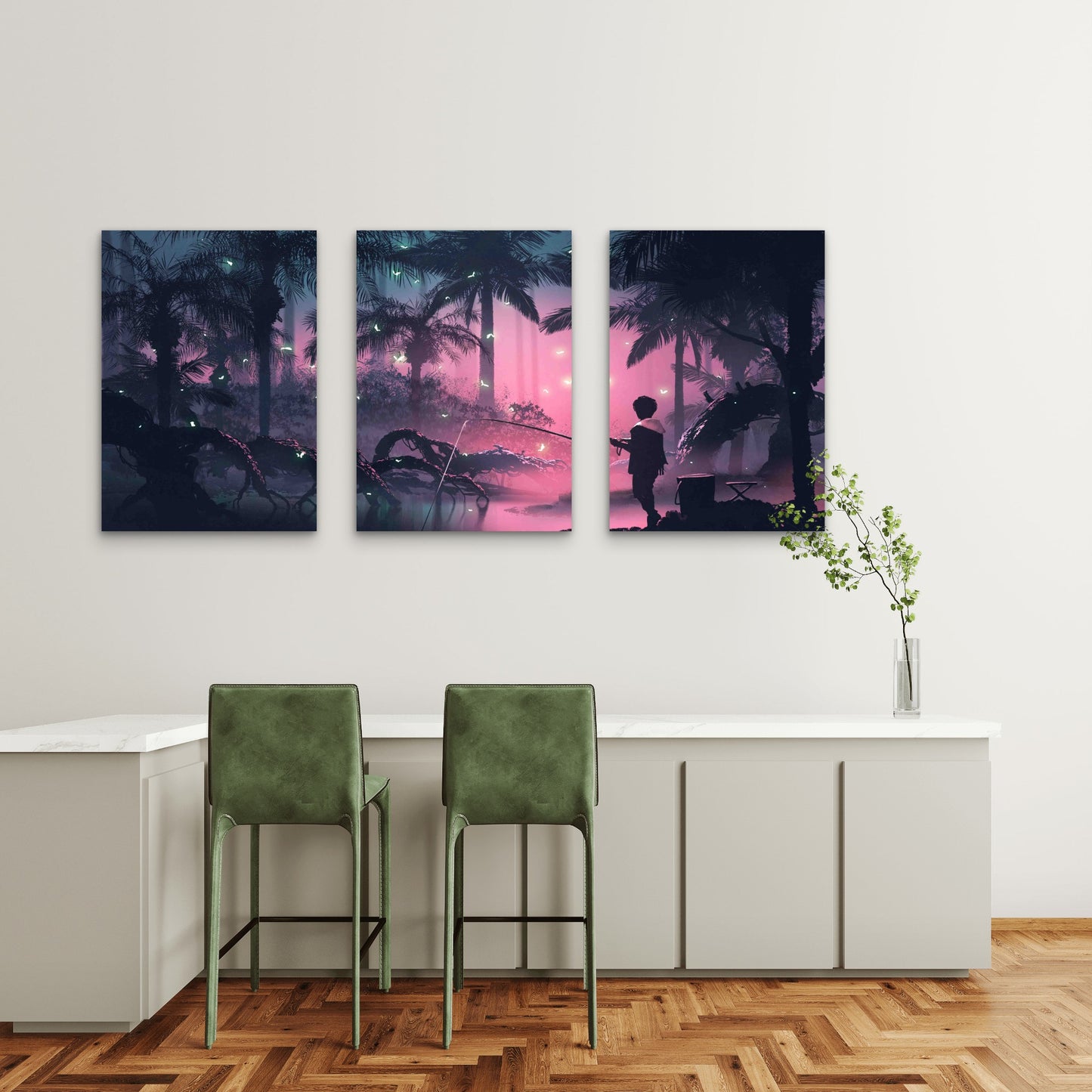 3pcs Fishing Among Glowing Butterflies Metal Print Ready to Hang Art