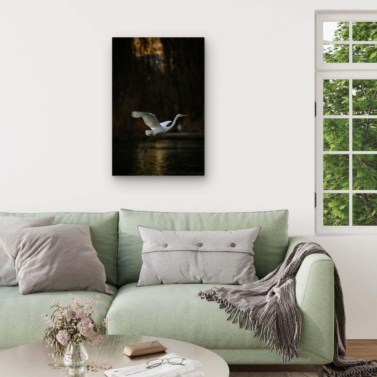Great Egret Gliding Over Water 60x90cm Metal Print Ready to Hang