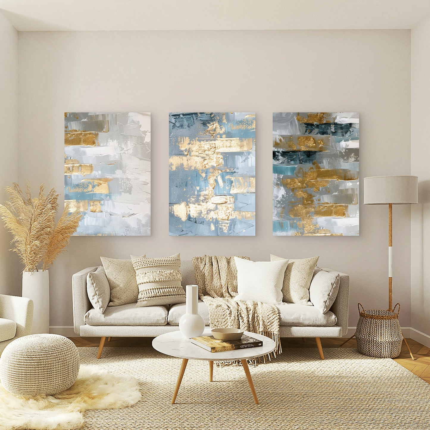 3pcs Blue Gold Metallic Textured Abstract Modern Wall Art Set Canvas Framed 50x70cm - High Quality Print 100% Australian Made Wall Canvas Ready to Hang