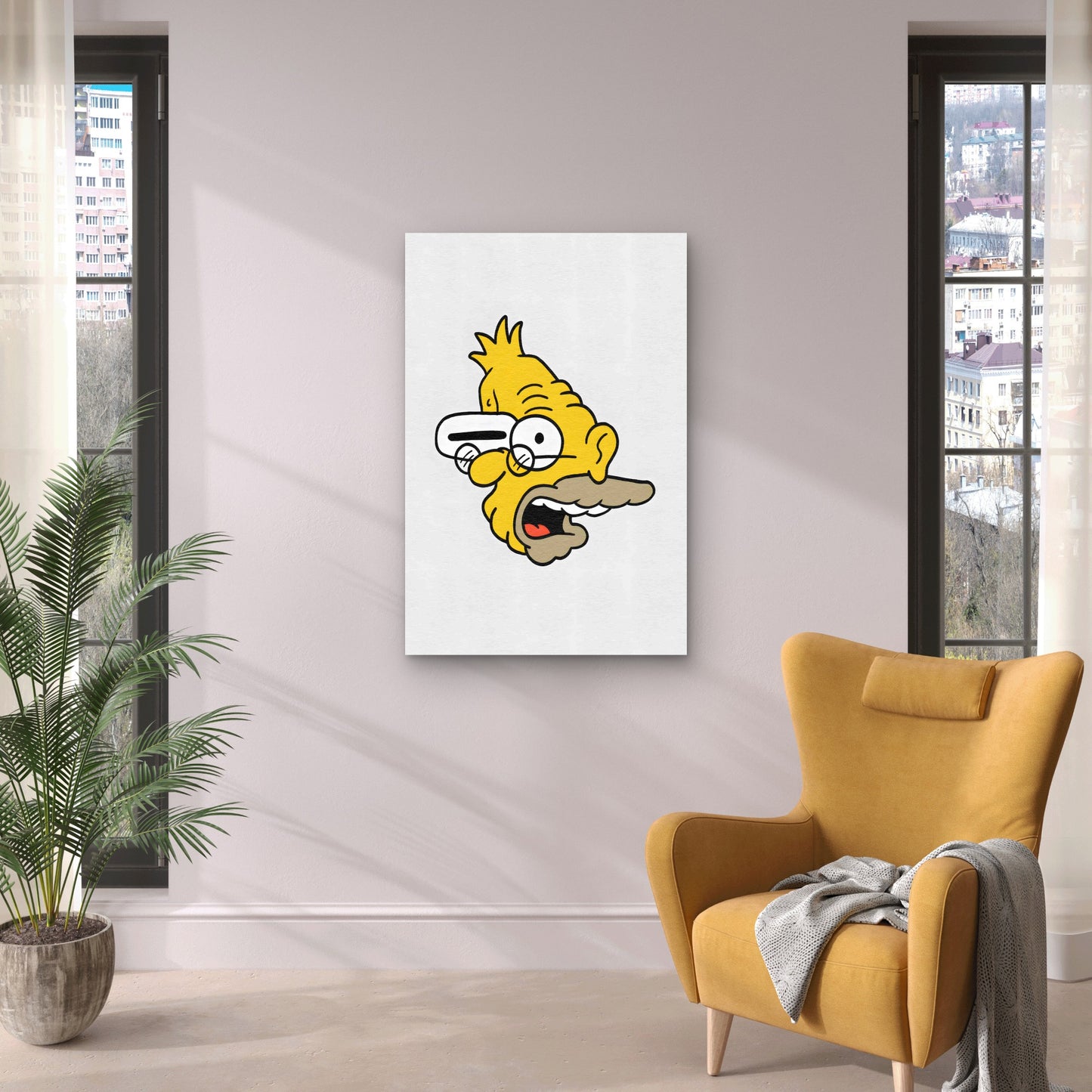 Elderly Yellow Cartoon Quirky Graphic 40x60cm Metal Print Ready to Hang