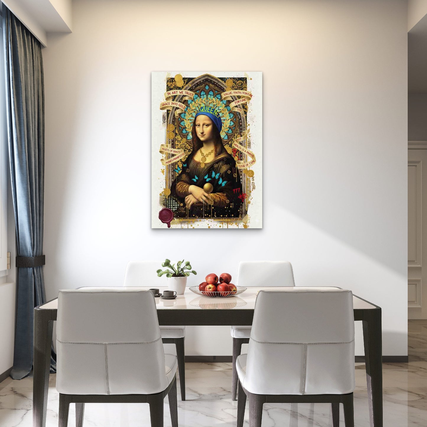 Graffiti Crowned Woman Smiling Serenely 40x60cm Metal Print Ready to Hang