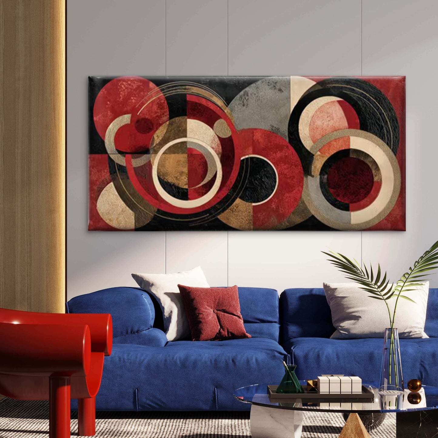 Abstract Circle Wall Art with Red Accent Wall Art Canvas Office Home Room Framed 120x60cm