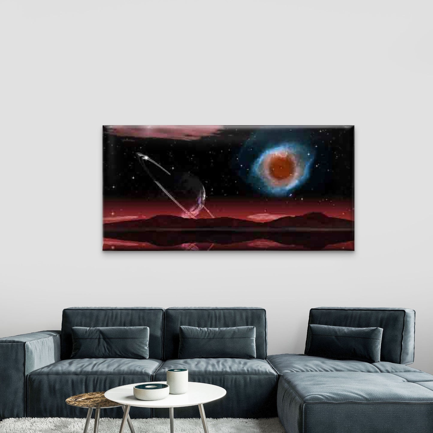 Red Nebula & Planet Rings Wall Art Canvas Office Home Room Framed 120x60cm - Bella Home Decor