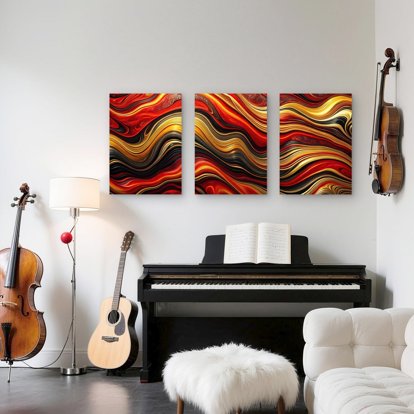 3pcs Texture Red Black Gold Wave Pattern Metal Print Ready to Hang Art