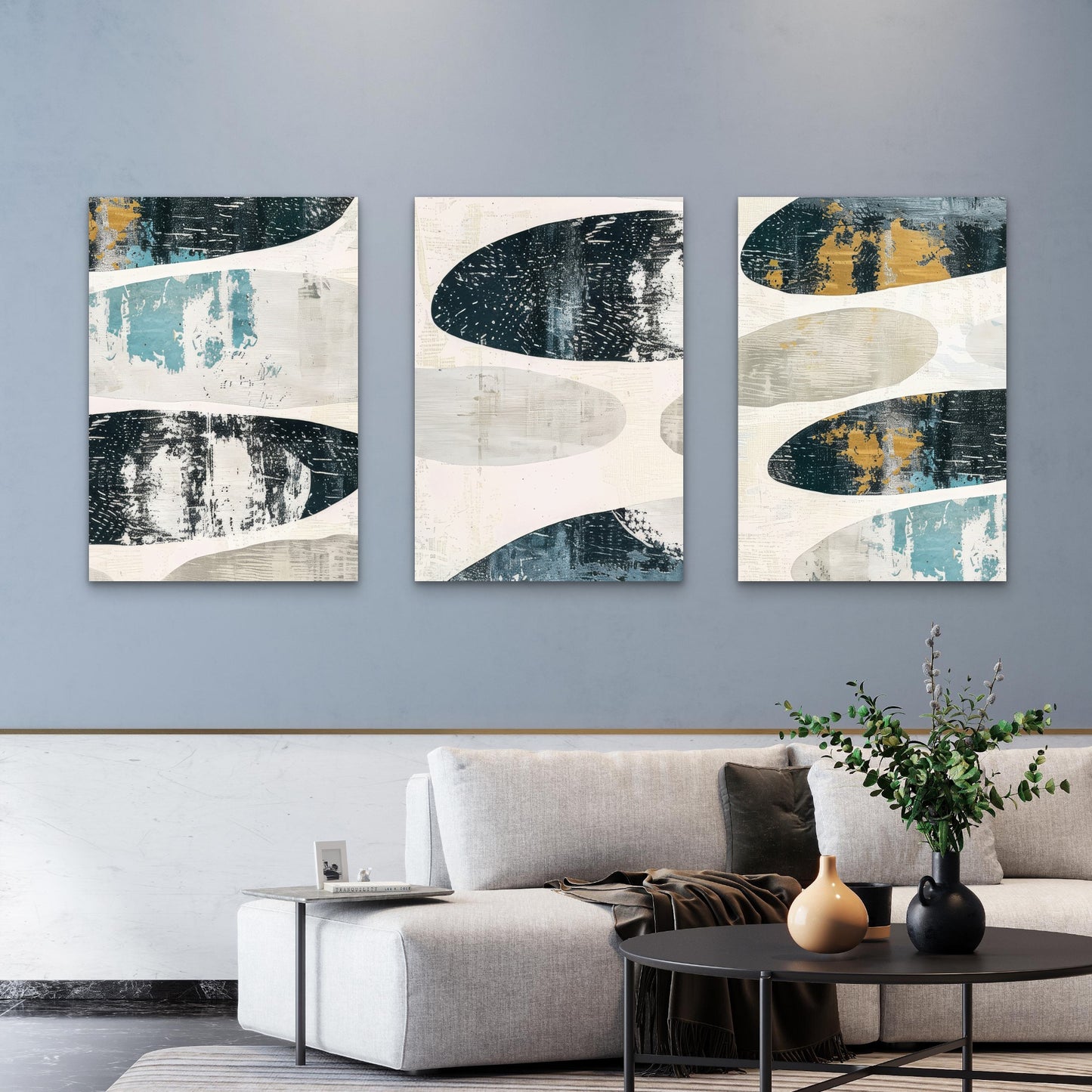 3pcs Navy Gold Mid Century Geometric Paints Wall Art Set Canvas Framed 40x60cm - High Quality Print 100% Australian Made Wall Canvas Ready to Hang