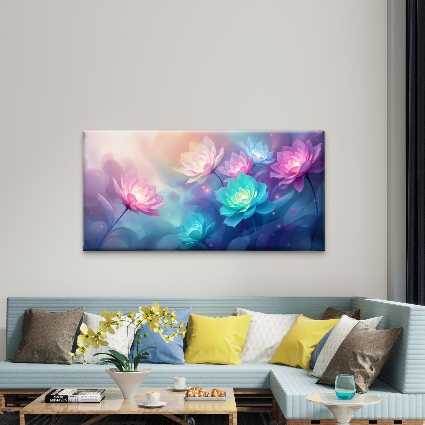 Glowing Lotus Flowers Abstract Wall Art Canvas Office Home Room Framed 120x60cm