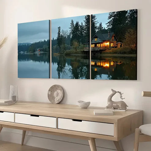 3pcs Modern Wind Natural Forest Wooden House Landscape Art Wall Art Set Canvas Unframed - High Quality Print 100% Australian Made Wall Canvas