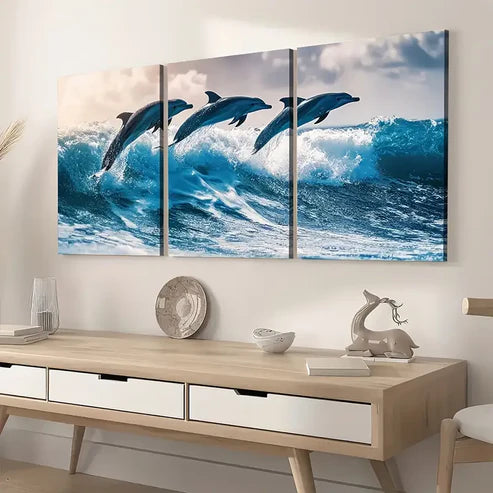 3pcs Modern Style Ocean Wave Dolphin Animal Landscape Art Wall Art Set Canvas Unframed - High Quality Print 100% Australian Made Wall Canvas