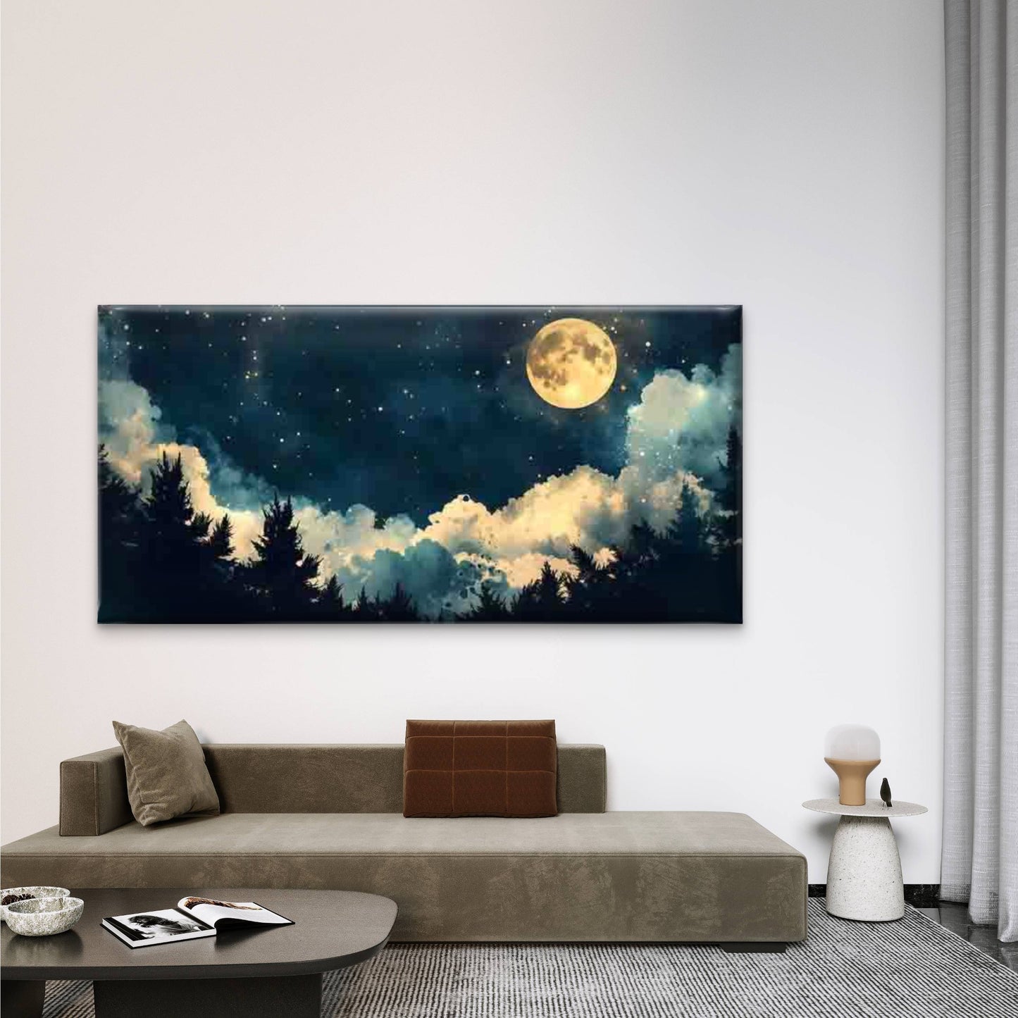 Night Sky Moon & Clouds Wall Art Canvas Office Home Room Framed 120x60cm