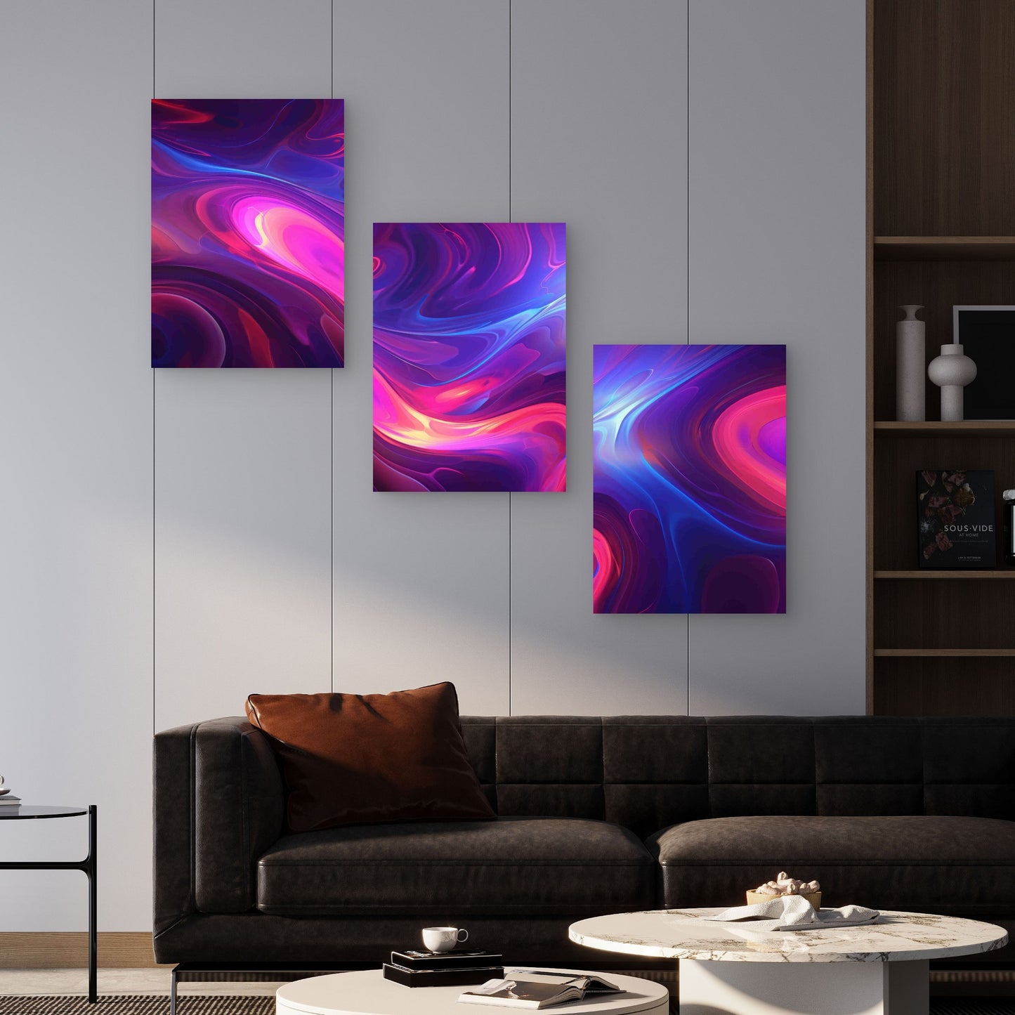 3pcs Ethereal Waves Of Electric Purple Marbling Metal Print Ready to Hang Art