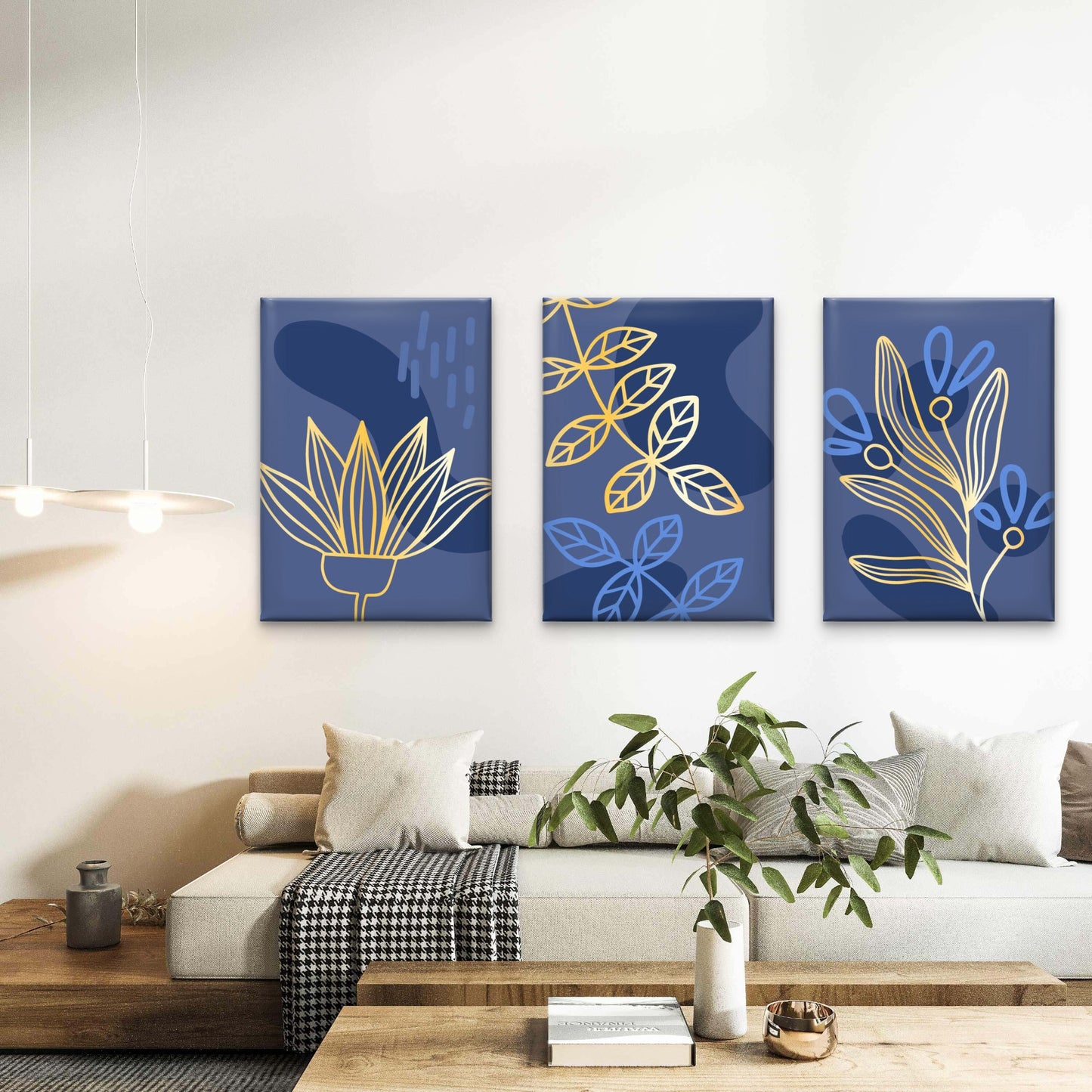 3pcs Abstract Gold Line Botanical Floral Wall Art Set Canvas Framed 50x70cm - High Quality Print 100% Australian Made Wall Canvas Ready to Hang