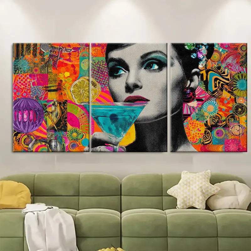 3pcs Retro Cocktail Collage Disco Ball Cosmo Wall Art Set Canvas Framed 50x70cm - High Quality Print 100% Australian Made Wall Canvas Ready to Hang