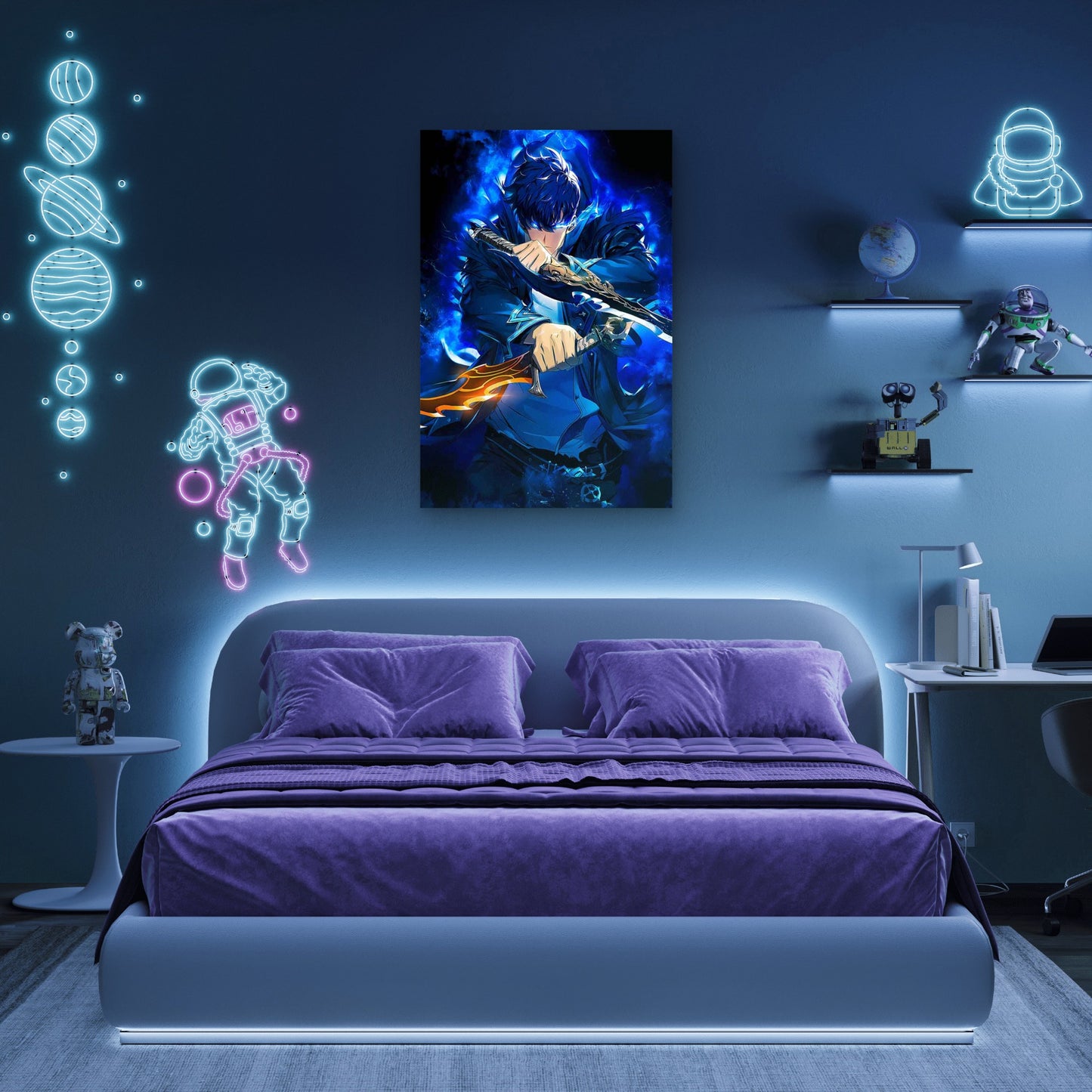 Blue Flame Shadow Swordsman Daggers 40x60cm Metal Print Ready to Hang