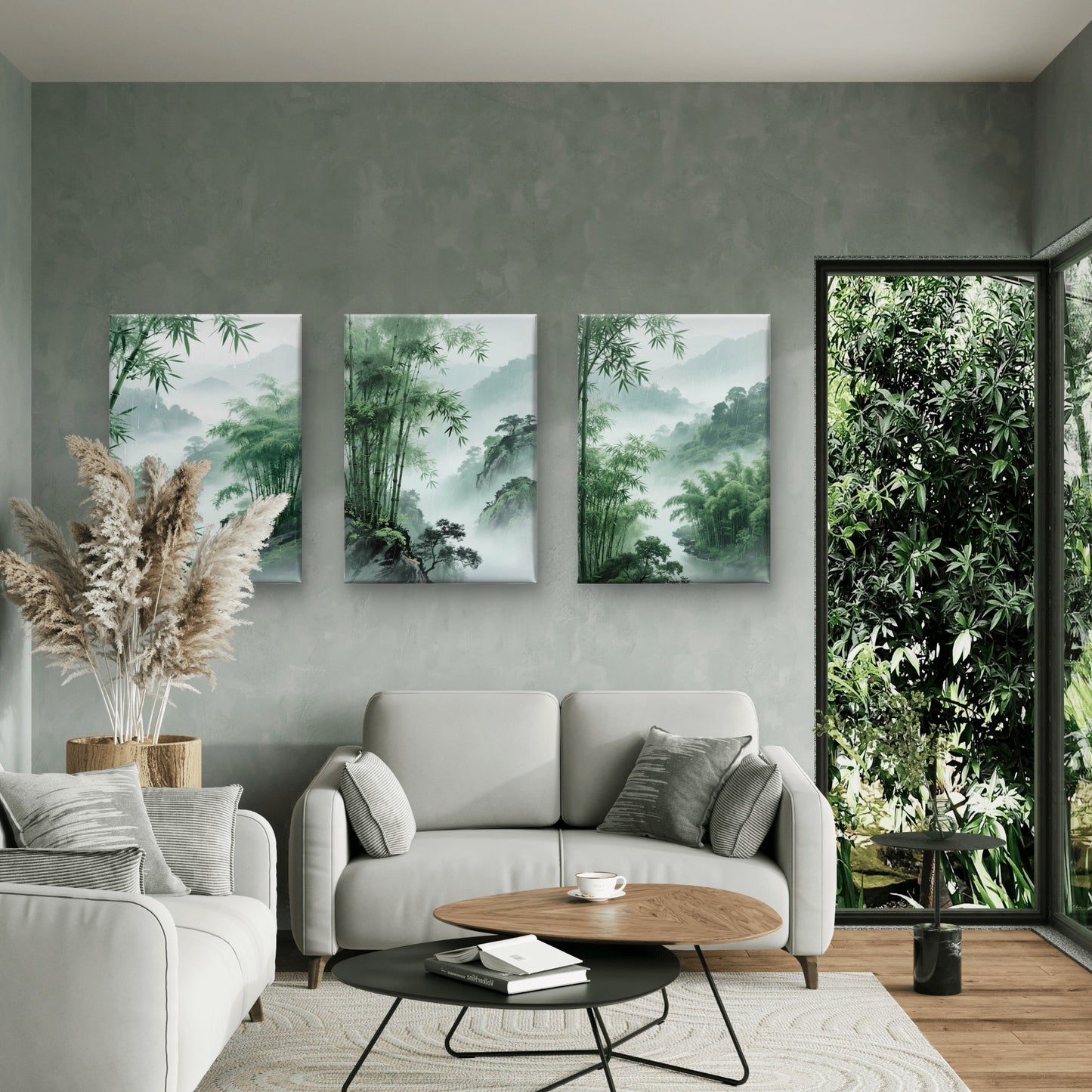 3pcs Zen Green Bamboo Forest Misty Mountain Wall Art Set Canvas Framed 60x90cm - High Quality Print 100% Australian Made Wall Canvas Ready to Hang