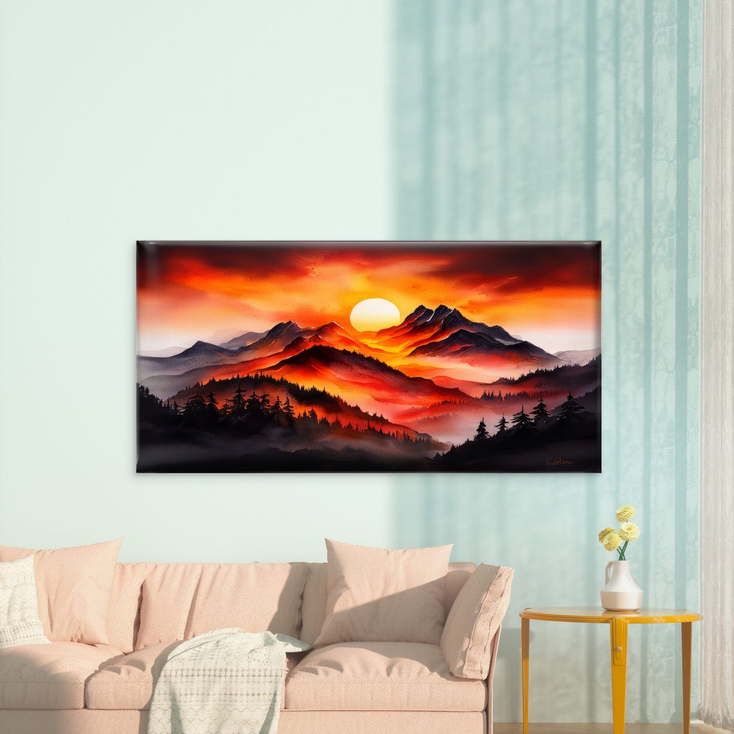 Mountain Sunset Oil Painting Wall Art Canvas Office Home Room Framed 120x60cm