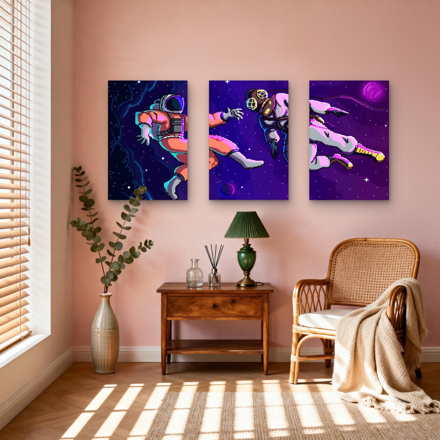 3pcs Retro 8-Bit Pixel Art Astronaut Deep Sea Dive Metal Print Ready to Hang Art