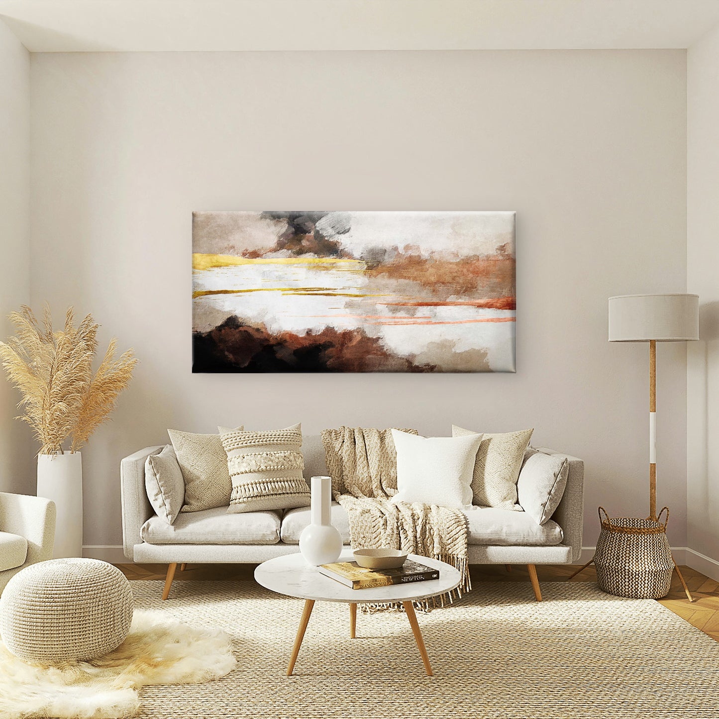 Abstract Brown Beige Textured Clouds Gold Foil Strip Wall Art Canvas Office Home Framed 120x60cm