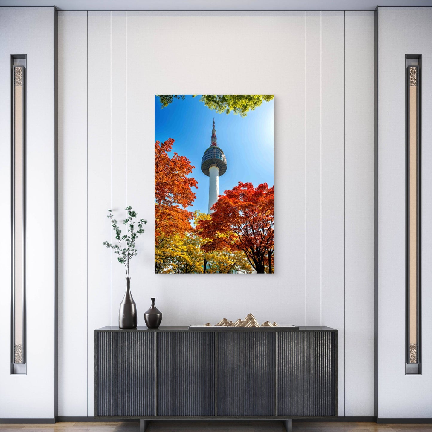 Seoul Tower Red Autumn Maple Leaves 40x60cm Metal Print Ready to Hang