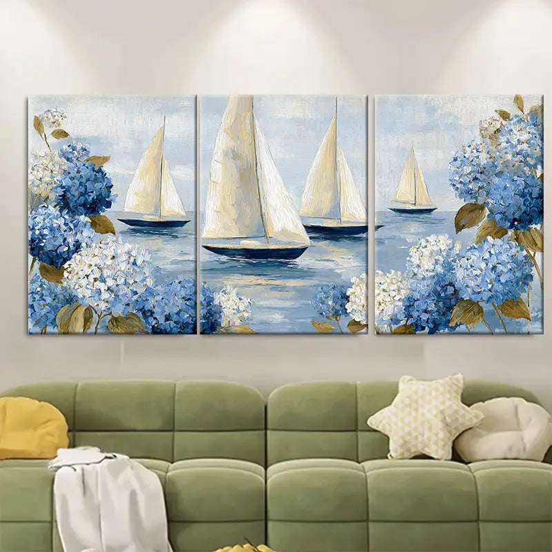 3pcs Coastal Sailboat Blue Hydrangea Nautical Wall Art Set Canvas Framed 60x90cm - High Quality Print 100% Australian Made Wall Canvas Ready to Hang - Bella Home Decor