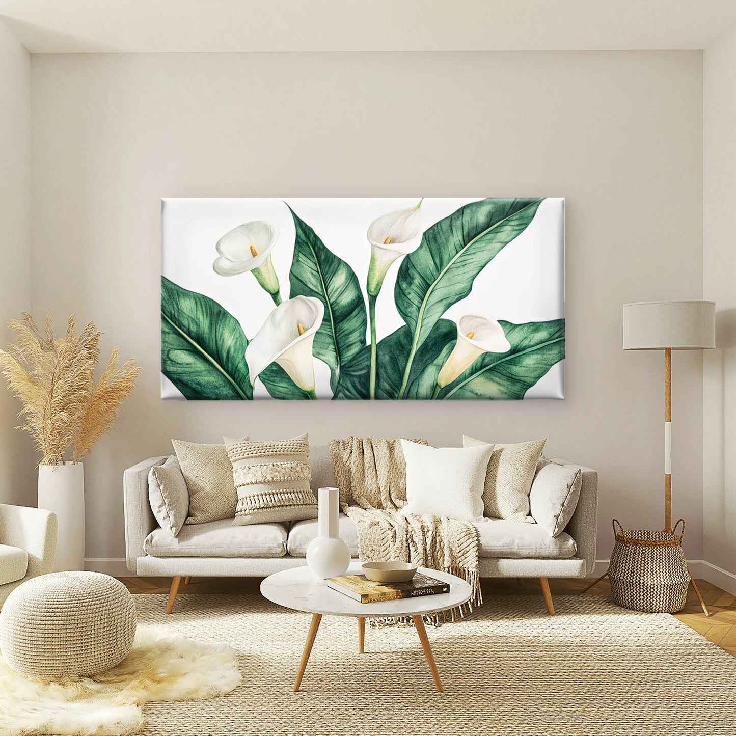 White Lilies, Green Leaves Wall Art Canvas Office Home Room Framed 120x60cm - Bella Home Decor