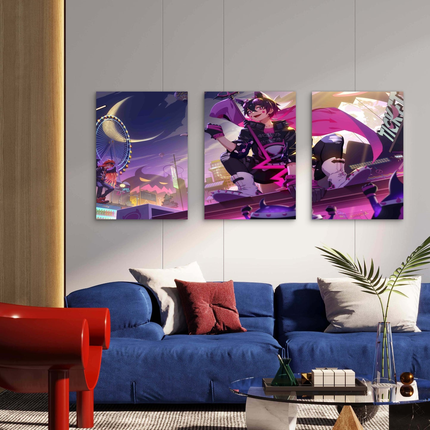 3pcs Cyberpunk Amusement Park Neon Night Metal Print Ready to Hang Art