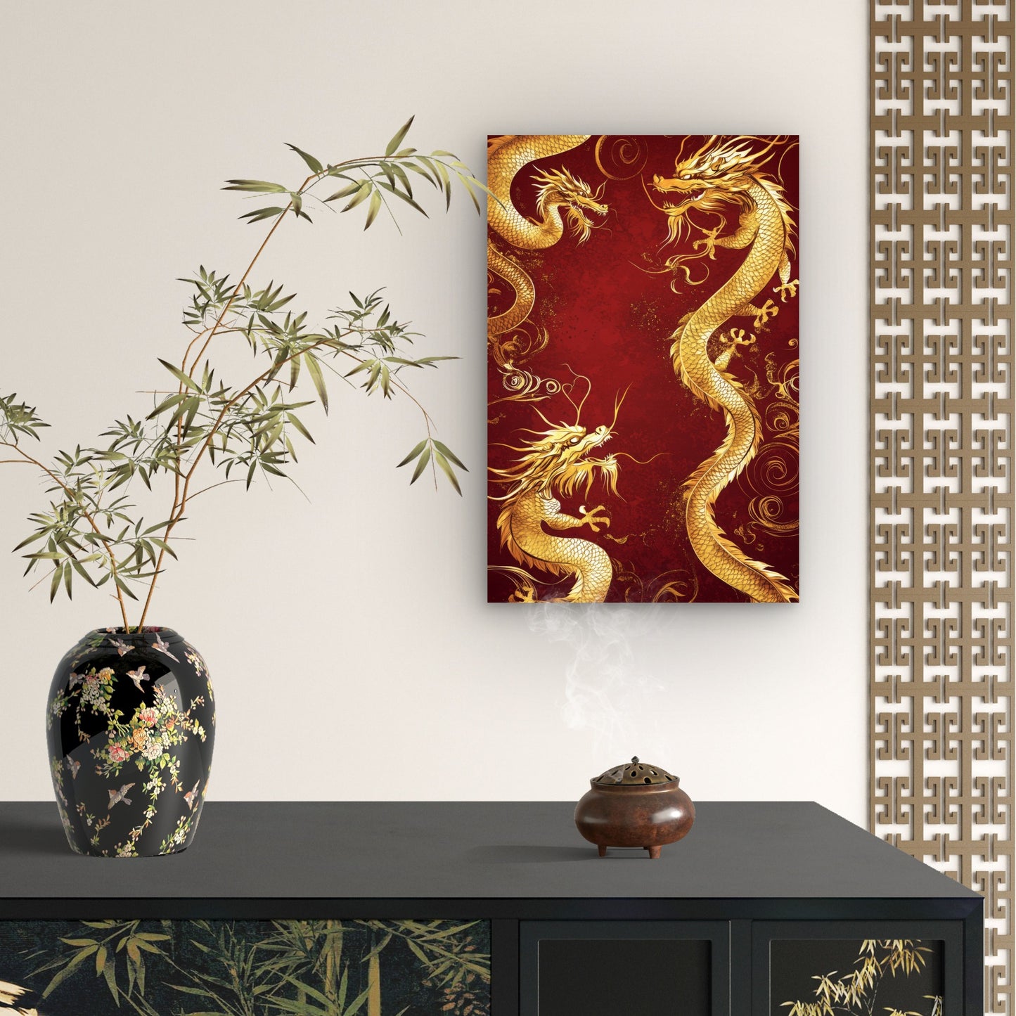 Chinese Dragon Gold Red Swirl Pattern 40x60cm Metal Print Ready to Hang