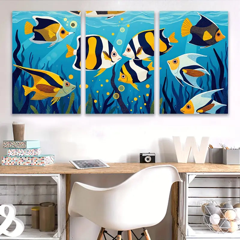 3pcs Yellow & Black Fish Underwater Scene Wall Art Set Canvas Framed 40x60cm - High Quality Print 100% Australian Made Wall Canvas Ready to Hang