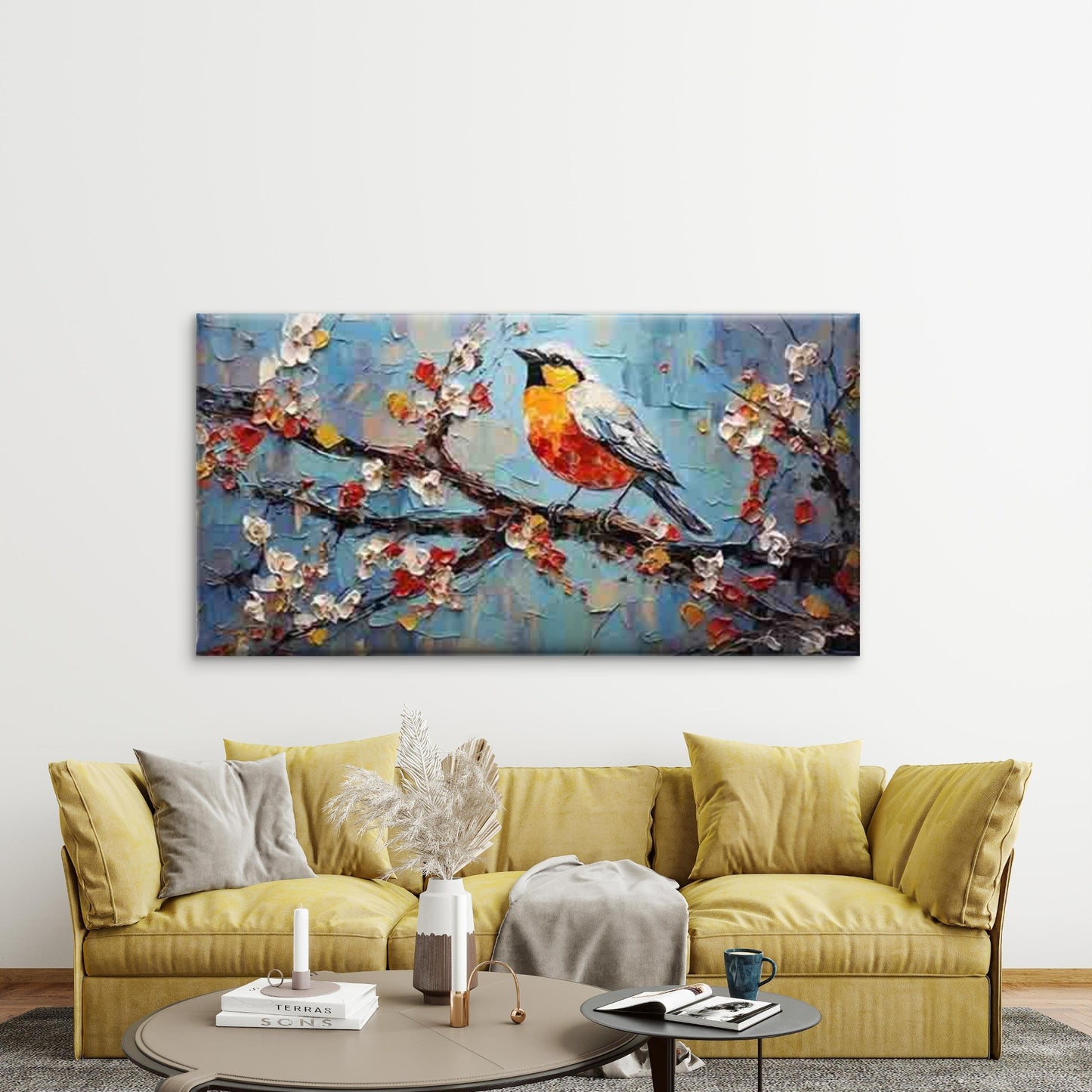 Bird In Branch Oil Painting Wall Art Canvas Office Home Room Framed 120x60cm - Bella Home Decor