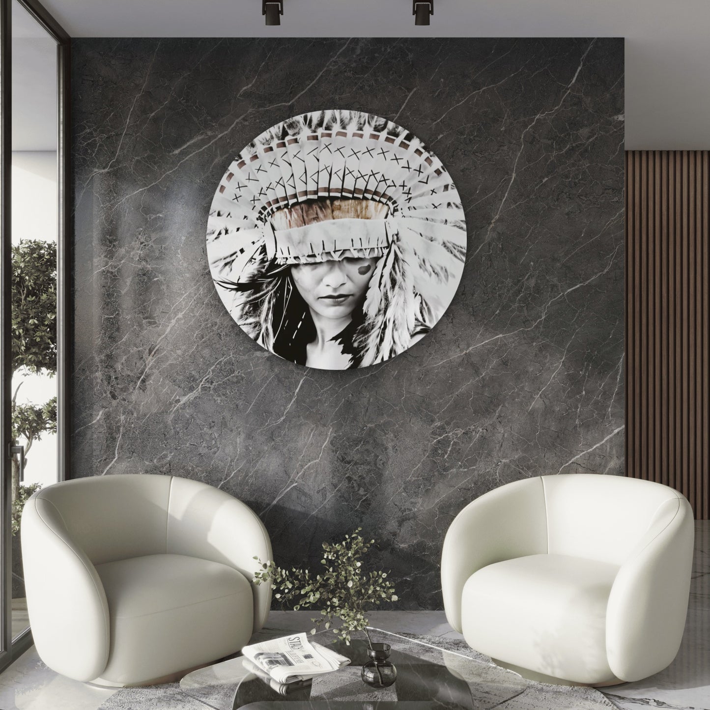 Red Indian Woman Headdress Neutral Color Acrylic Glass Rounded Print Tempered Glass Wall Art 100% Made in Australia Ready to Hang