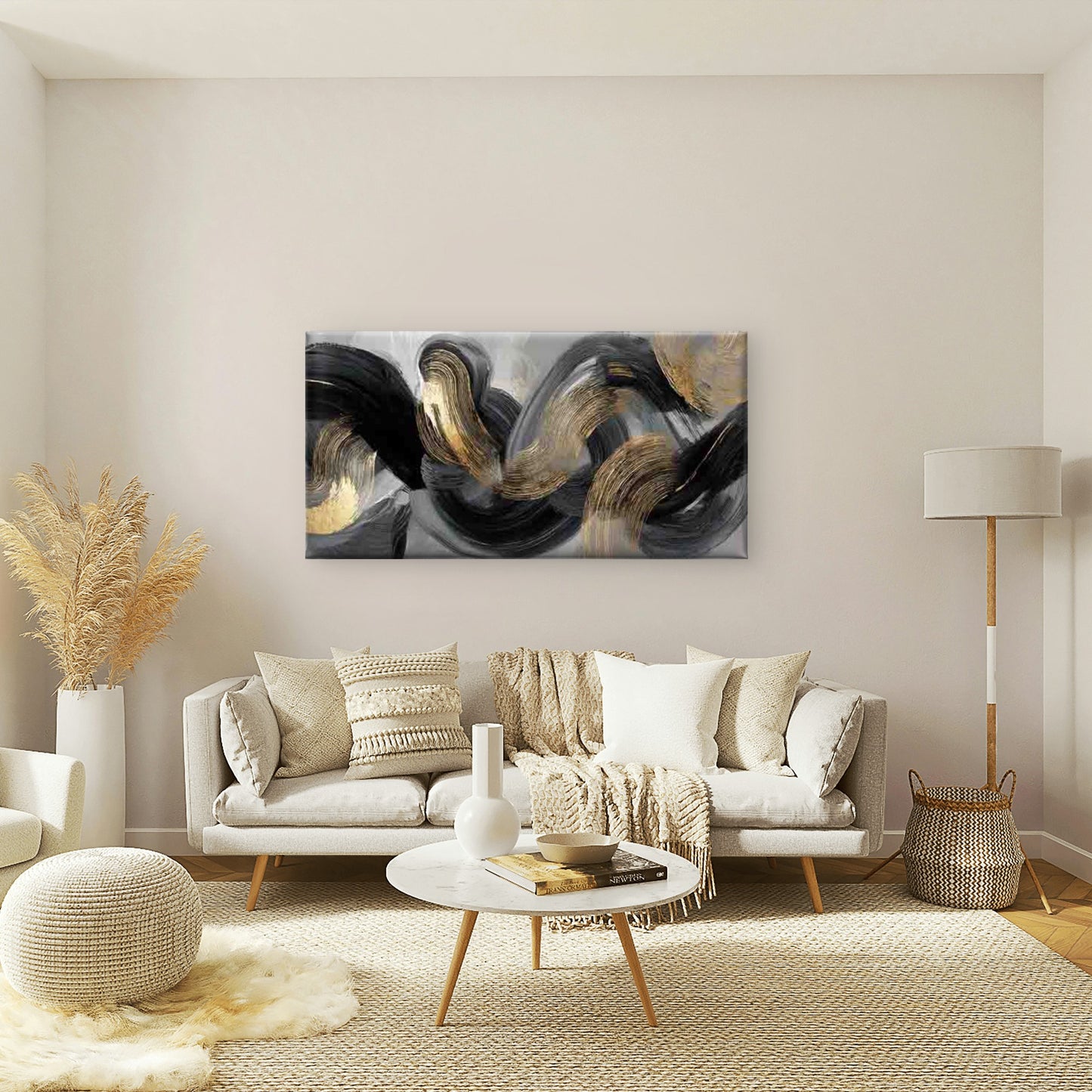 Black, Gray, Golden Swirls Wall Art Canvas Office Home Room Framed 120x60cm - Bella Home Decor