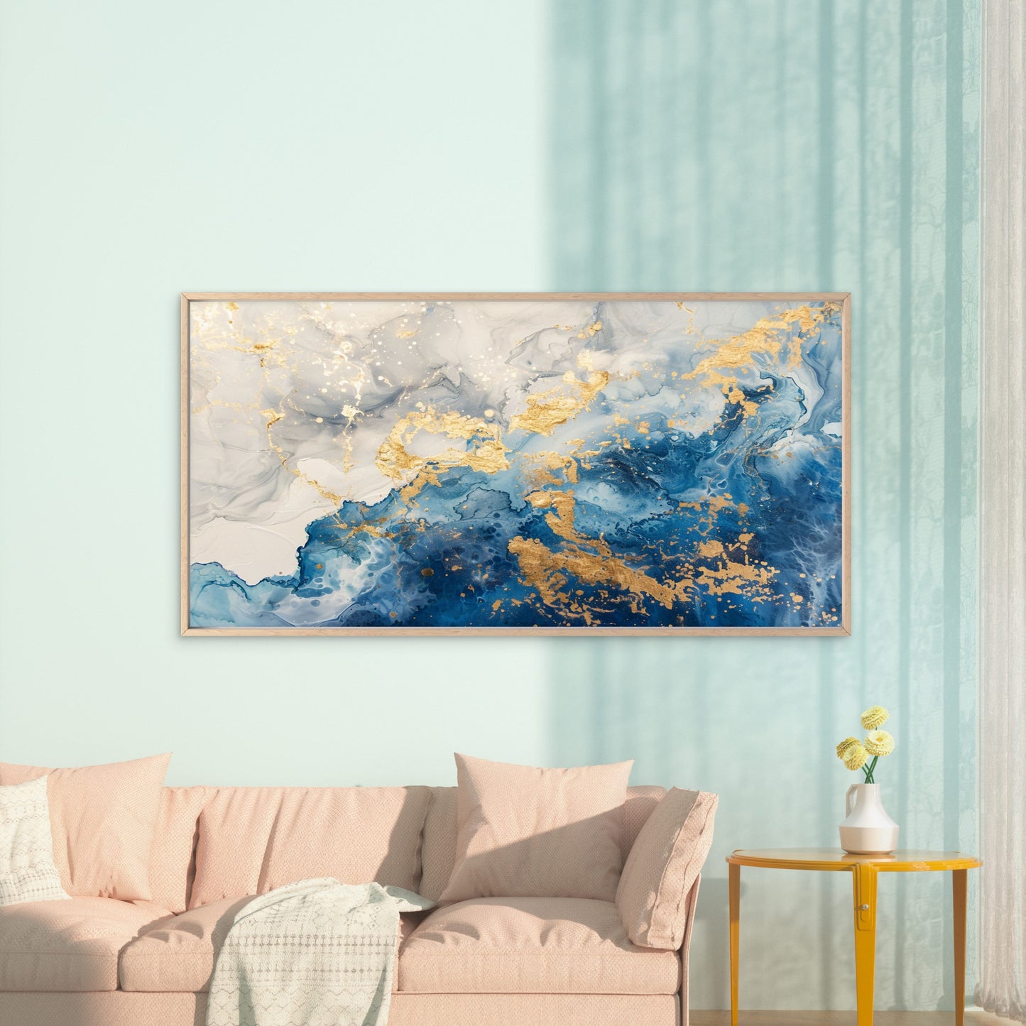Gold Memories On Faded Blue Wall Art Canvas Office Home Room Framed 120x60cm - Bella Home Decor
