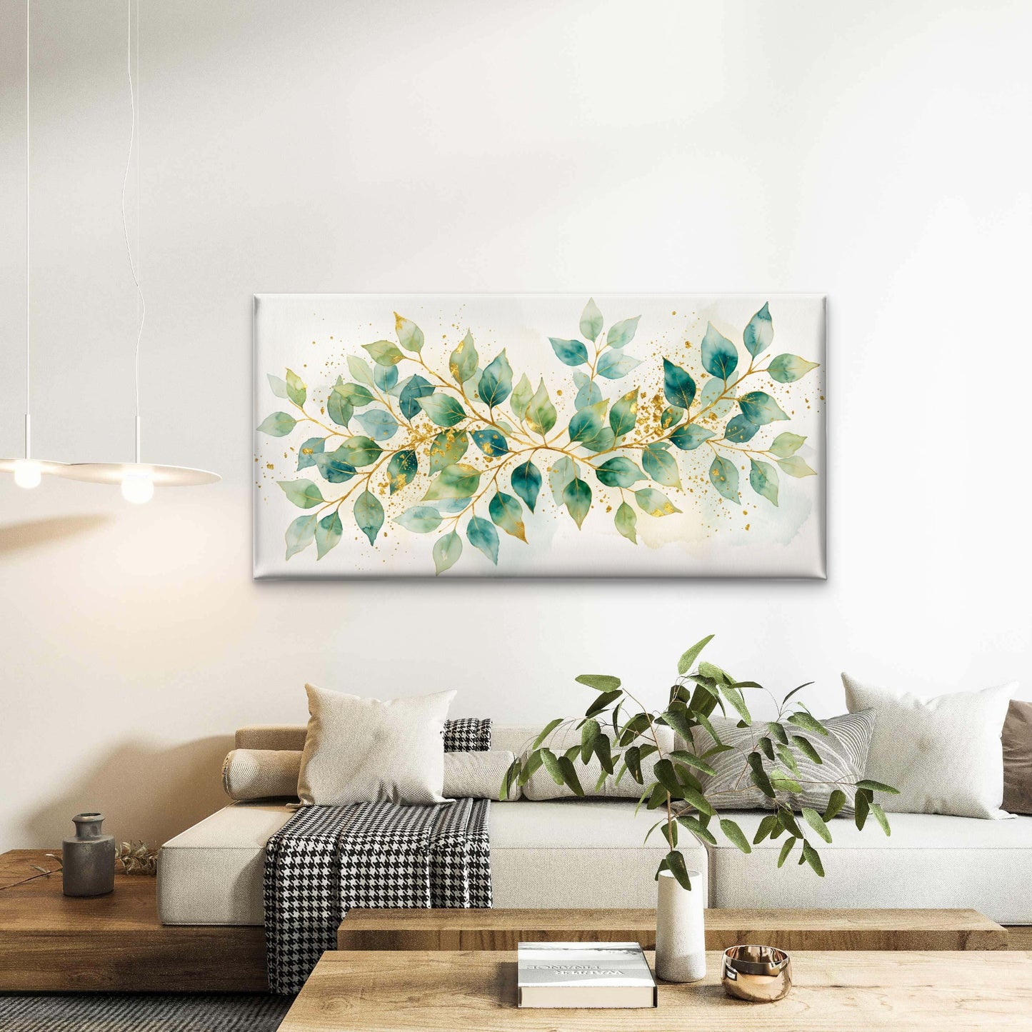 Watercolor Teal Green Leaves Gold Splatter Branches Wall Art Canvas Office Home Room Framed 120x60cm
