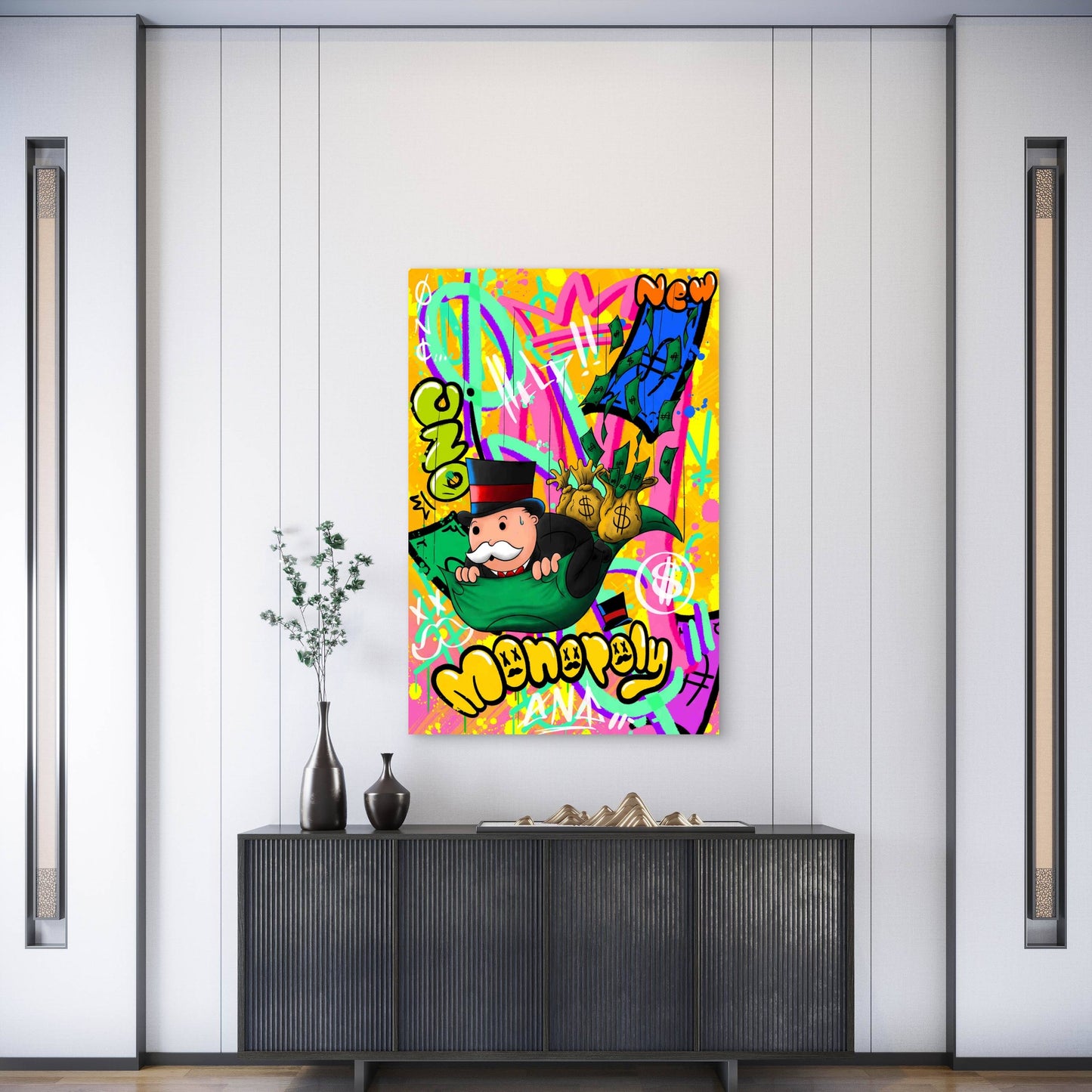 Street Art Wealth Money Man Flying Carpet Neon 40x60cm Metal Print Ready to Hang