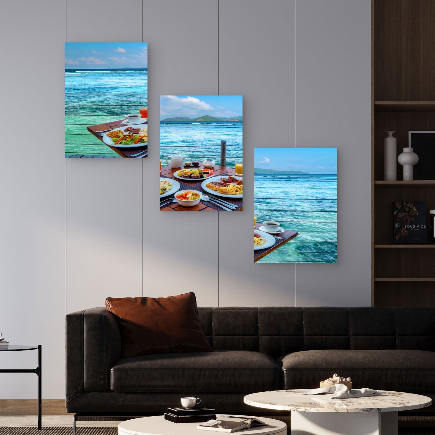 3pcs Luxury Breakfast Overlooking Pristine Ocean Metal Print Ready to Hang Art