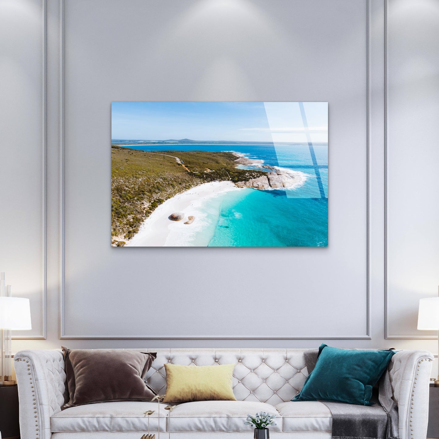 Aerial Turquoise Ocean Coastal White Sand Rock Formation Landscape Australia Acrylic Glass Printing Wall Art Australian Made