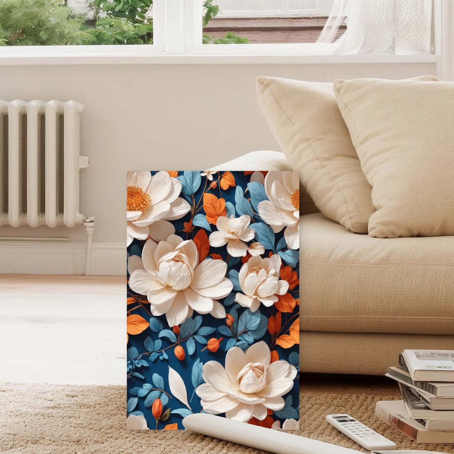 White Floral Navy Blue Orange Leaves 40x60cm Metal Print Ready to Hang