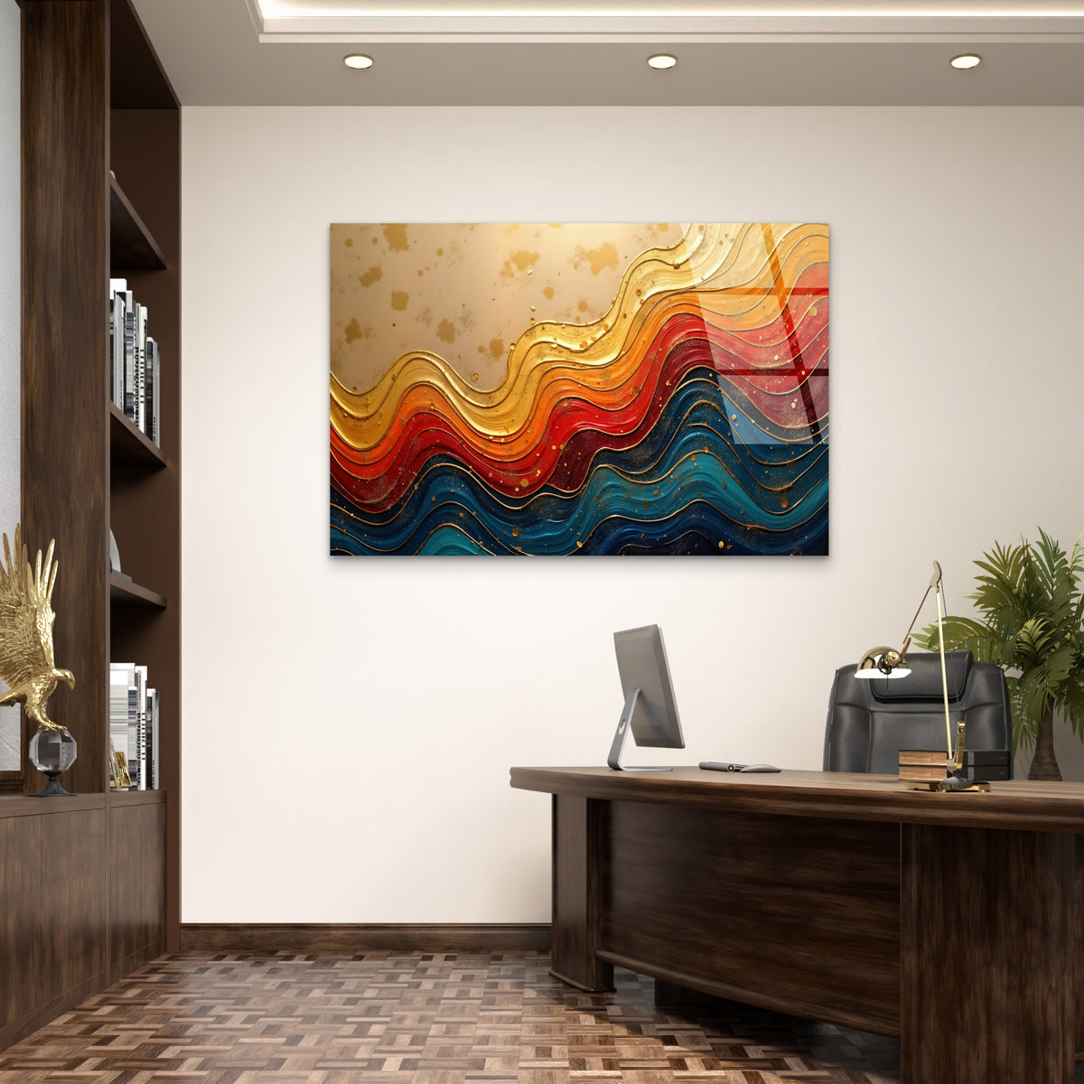 Abstract Bold Blue Red Gold Foil Wave Acrylic Glass Printing Wall Art Australian Made Quality