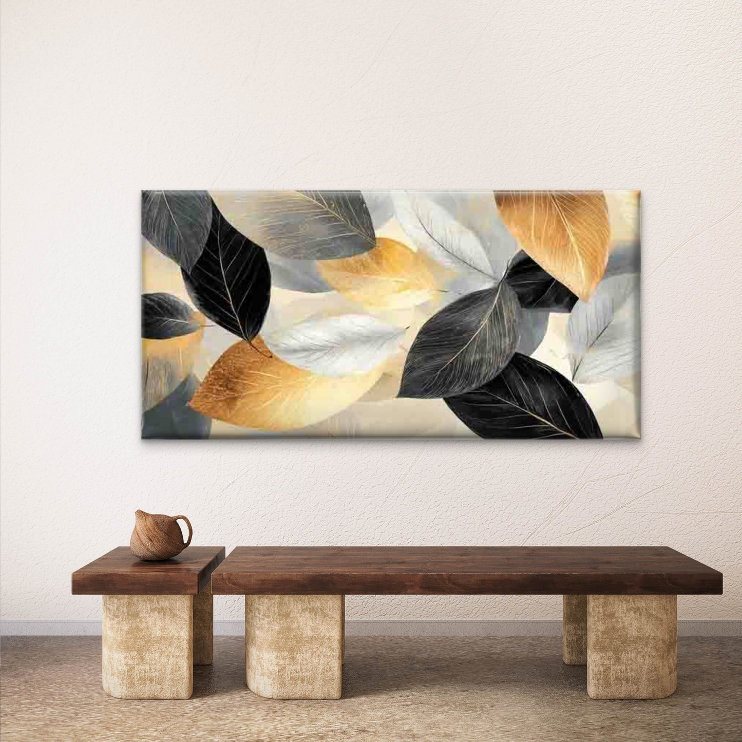 Golden Leaves Abstract Wall Art Canvas Office Home Room Framed 120x60cm - Bella Home Decor