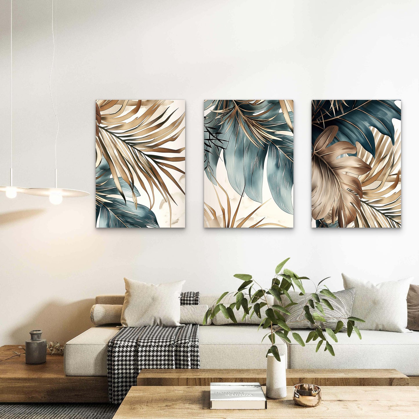 3pcs Gold Teal Tropical Palm Leaf Boho Wall Art Set Canvas Framed 40x60cm - High Quality Print 100% Australian Made Wall Canvas Ready to Hang