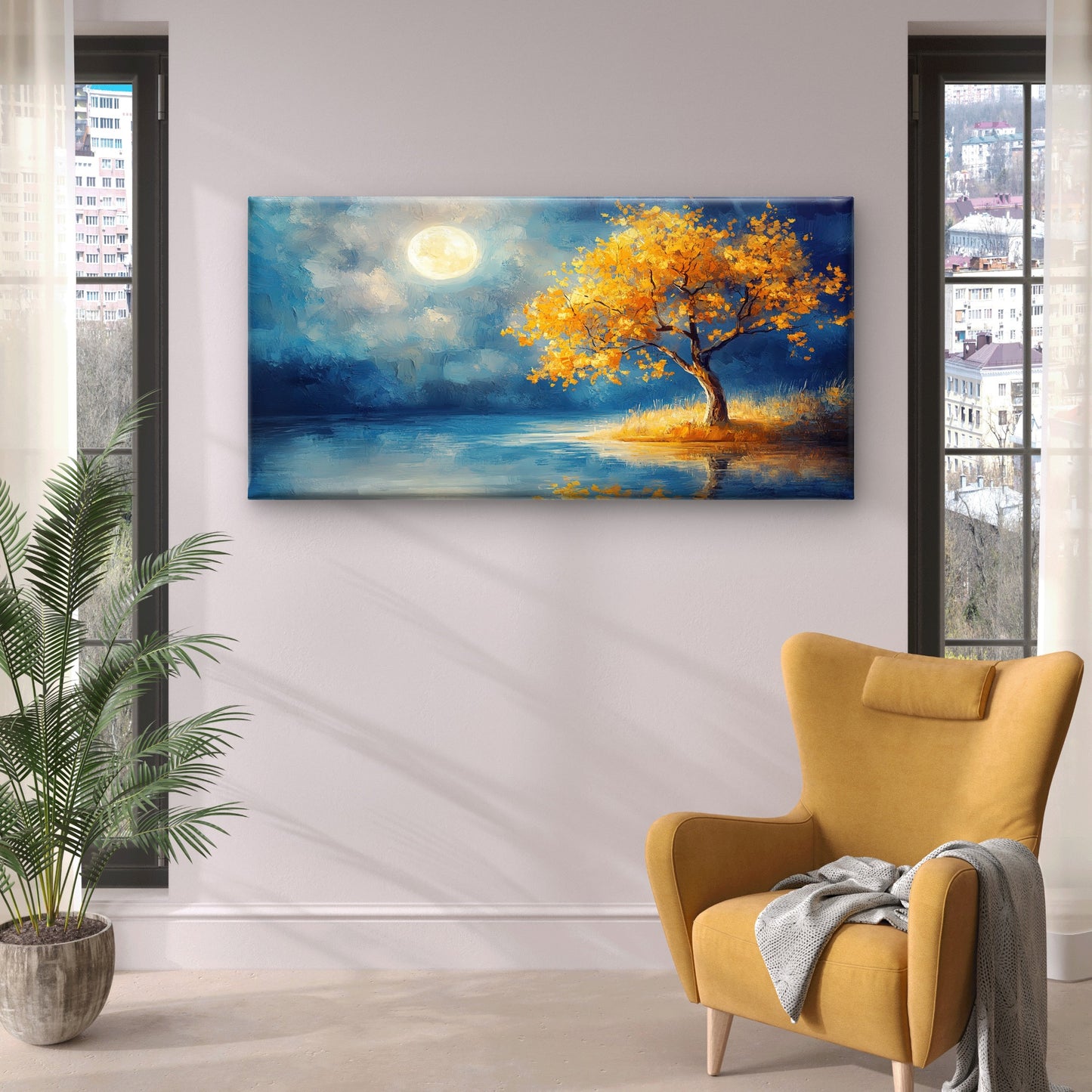 Yellow Tree Full Moon Night Wall Art Canvas Office Home Room Framed 120x60cm