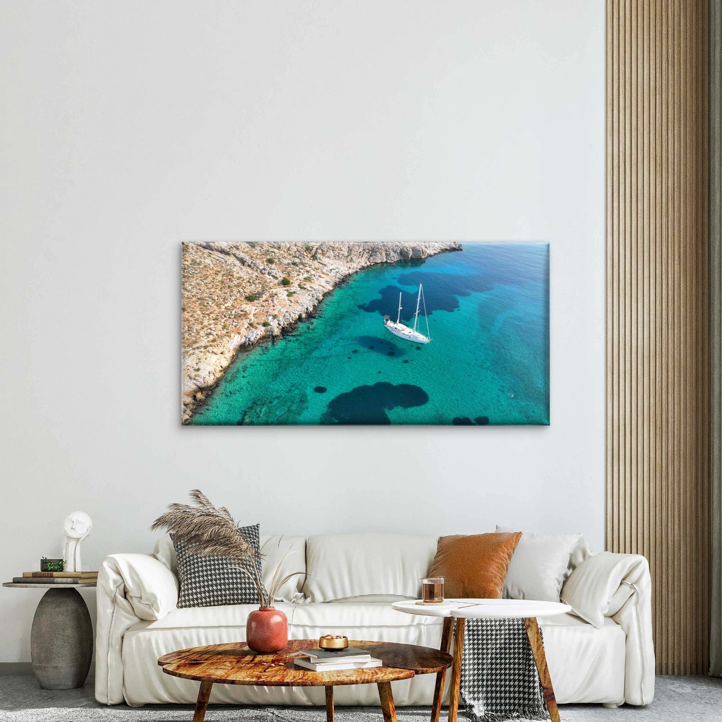 Aerial View Of Boat Along IslandWall Art Canvas Office Home Room Framed 120x60cm