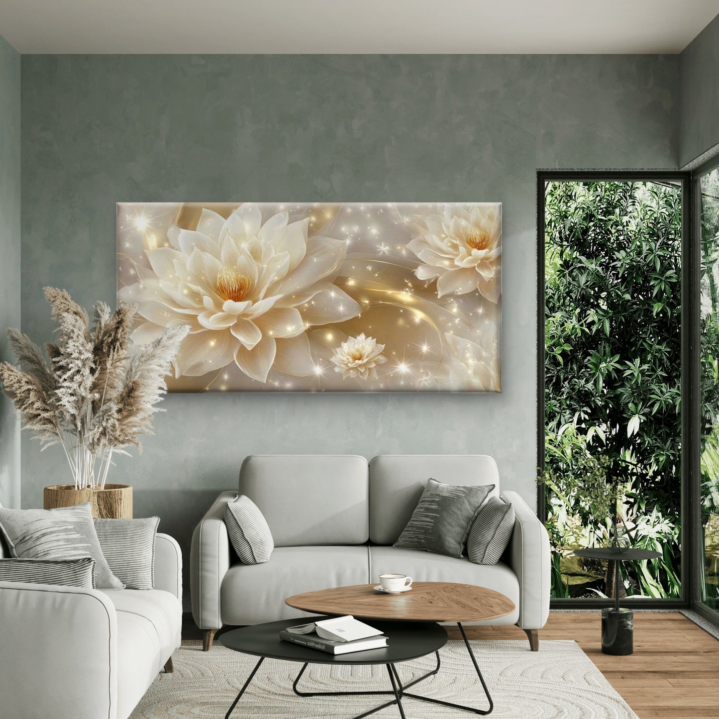 Golden for Lotus & Sparkling Wall Art Canvas Office Home Room Framed 120x60cm