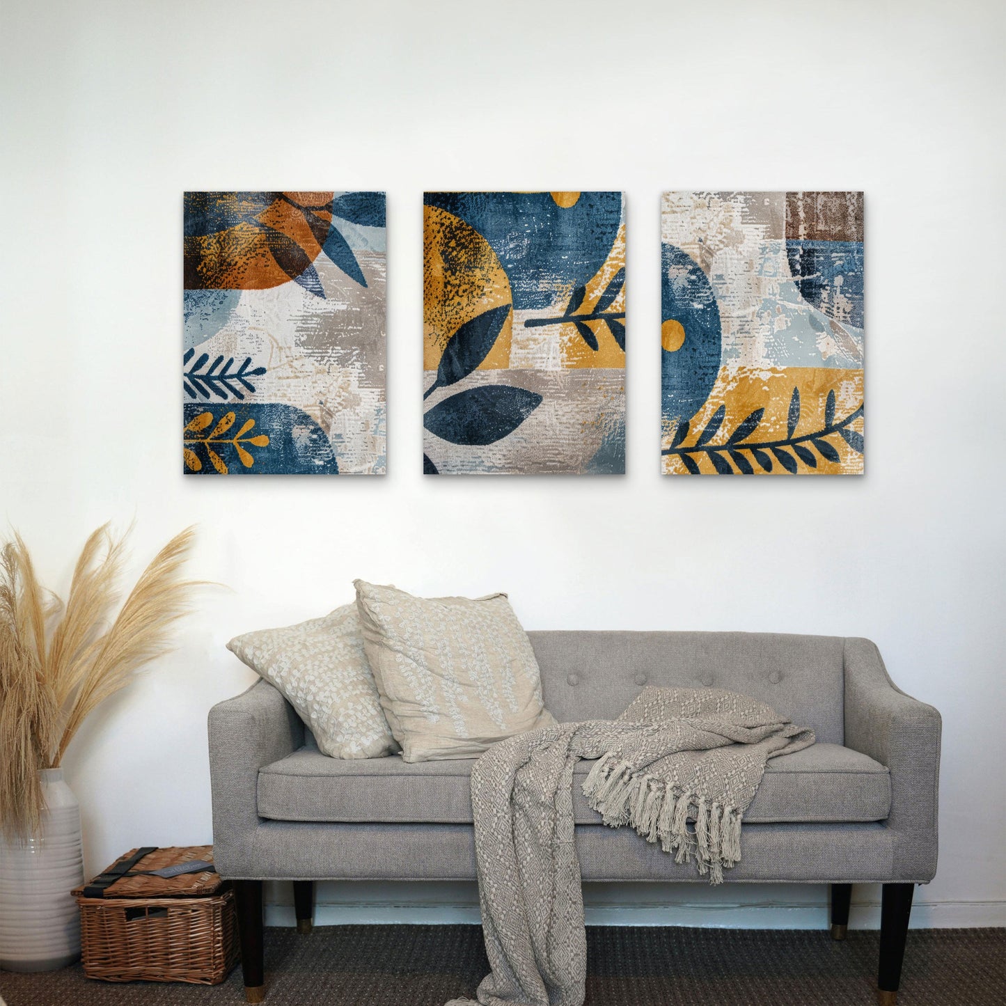3pcs Abstract Mid Century Blue and Gold Boho Wall Art Set Canvas Framed 60x90cm - High Quality Print 100% Australian Made Wall Canvas Ready to Hang