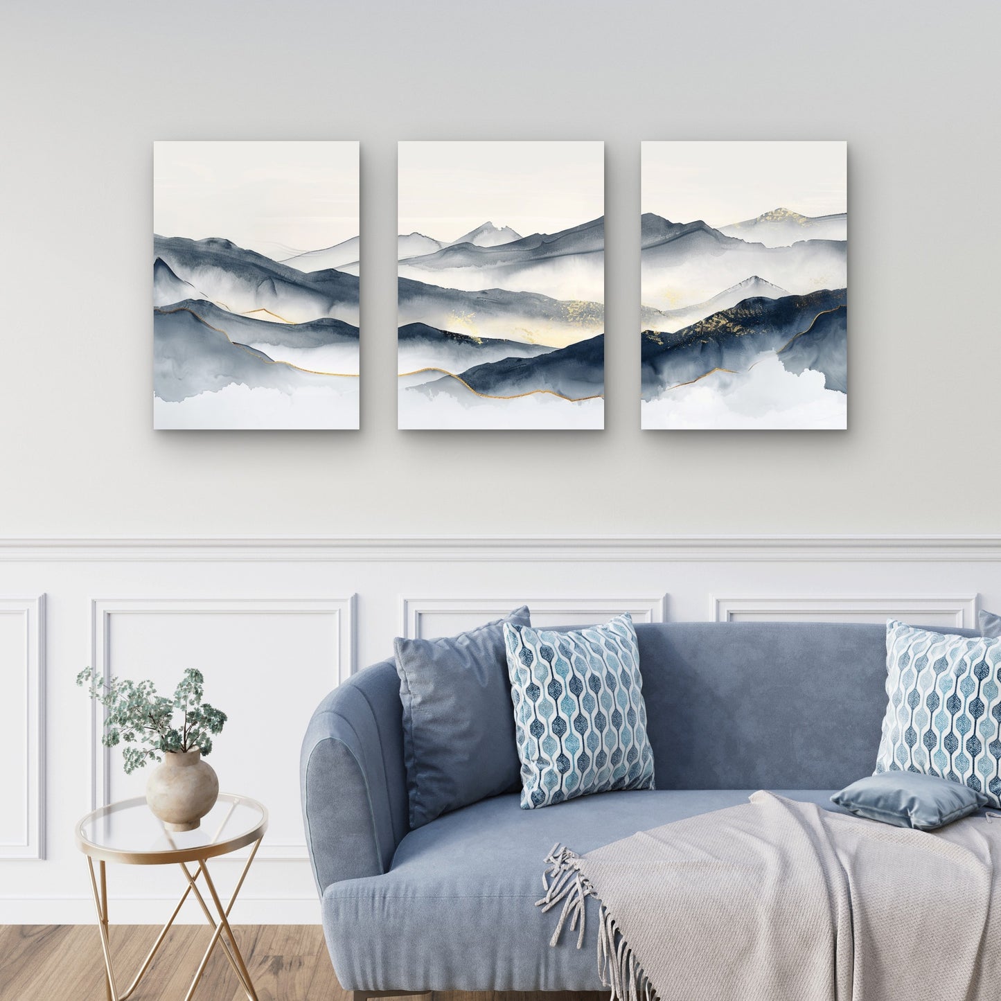 3pcs Abstract Navy Blue and Gold Foil Mountain Wall Art Set Canvas Framed 40x60cm - High Quality Print 100% Australian Made Wall Canvas Ready to Hang