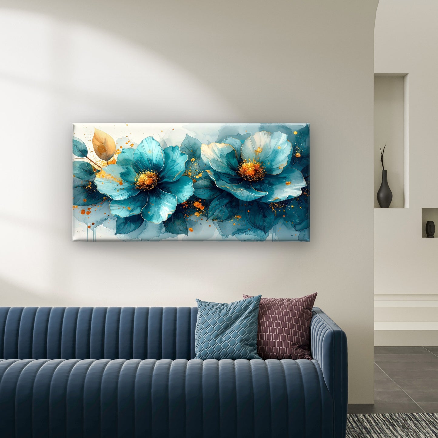 Abstract Teal Blue and Gold Floral Wall Art Canvas Office Home Framed 120x60cm