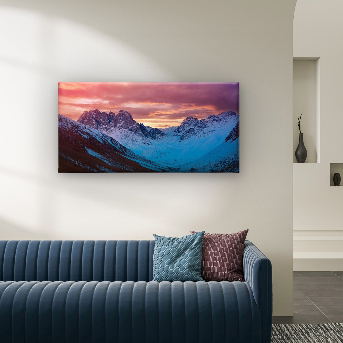Alpenglow Snowy Mountain Valley Wall Art Canvas Office Home Framed 120x60cm